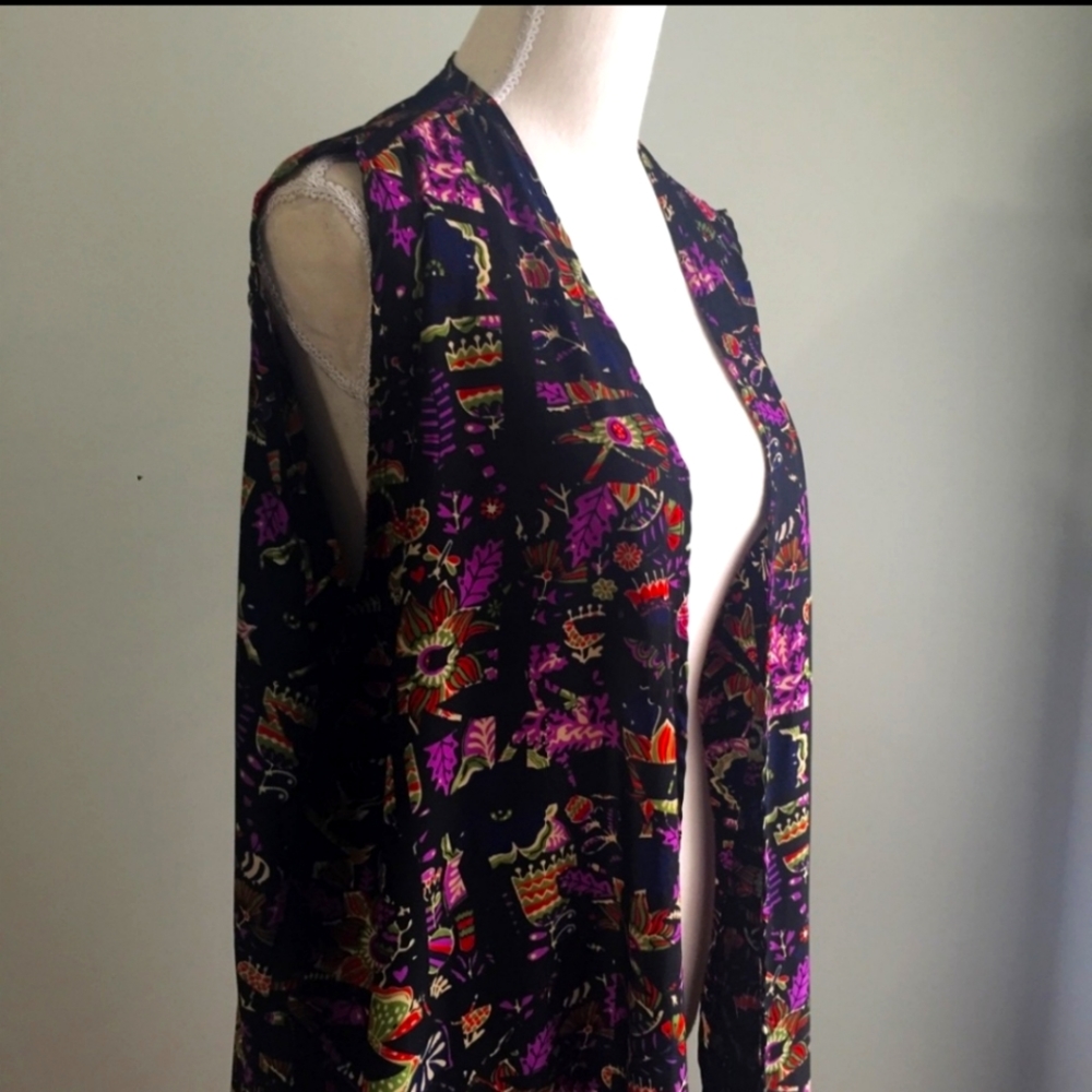 LuLaRoe Joy Long Vest in Purple, Black & Green